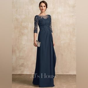 A-line scoopneck mother of the bride groom floor-length chiffon dress navy blue